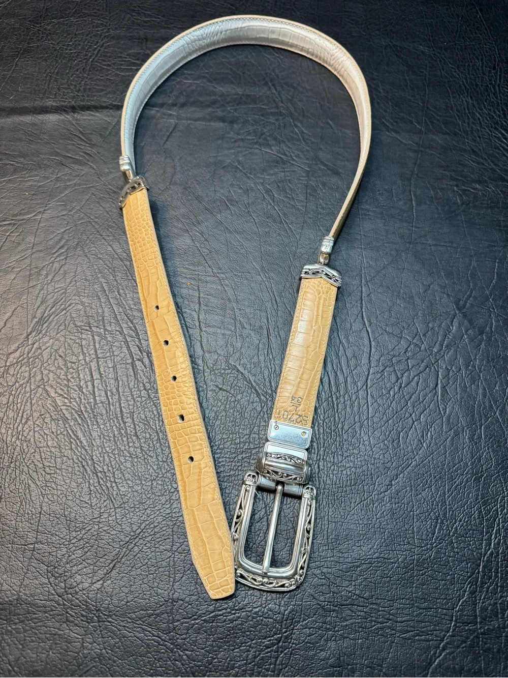 Brighton Reversible Croc Embossed Leather Belt Ivory Tan Silver Buckle L 34